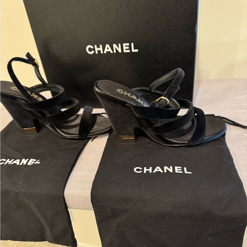 CHANEL Black Strappy CC Logo Wedge Sandals